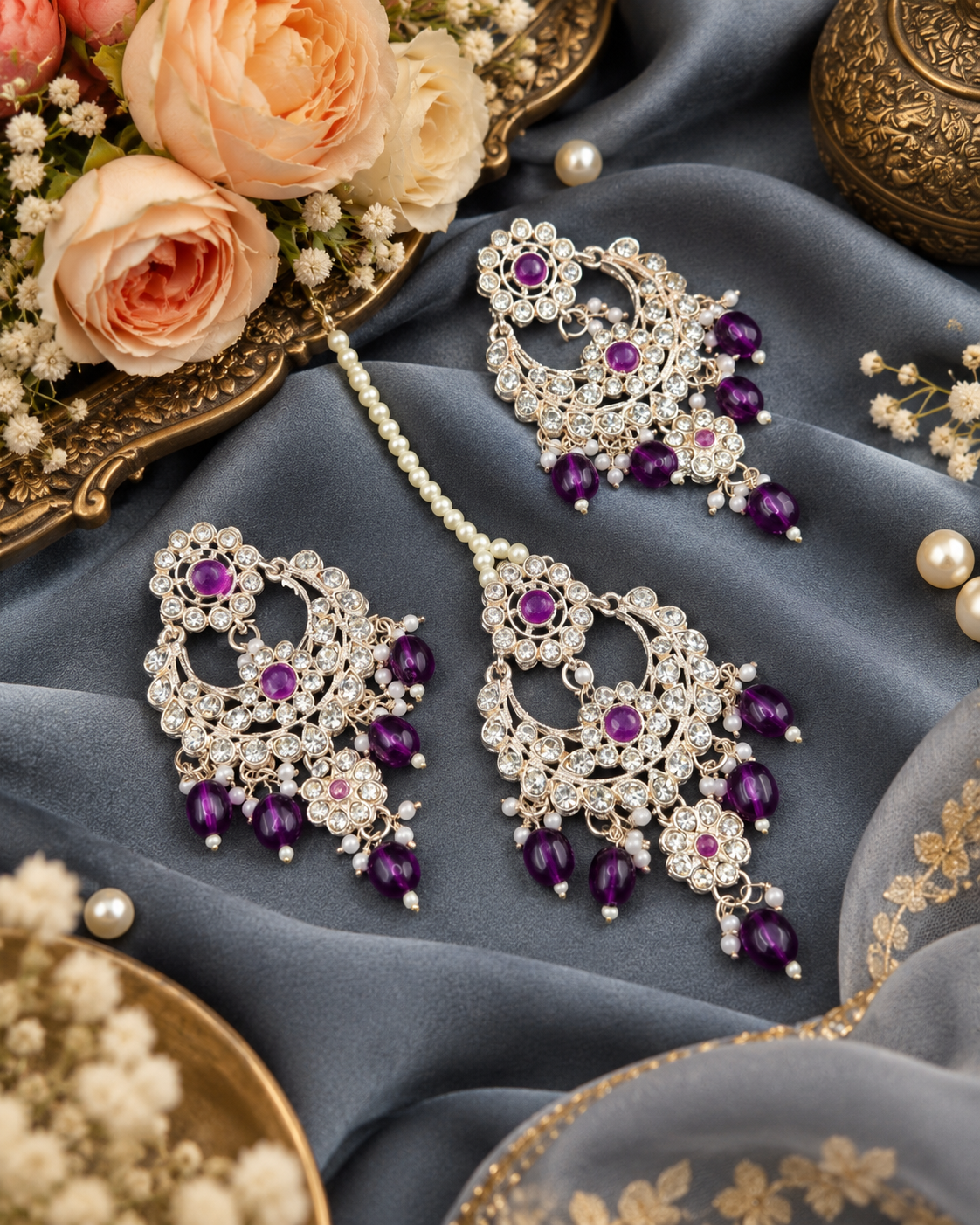 Intricate Stone-Studded Chandbali Earring & Maang Tikka Set