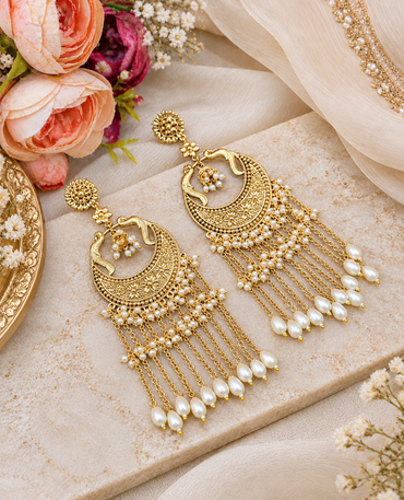 Peacock Motif Chandbali Earrings with Tassel Chains