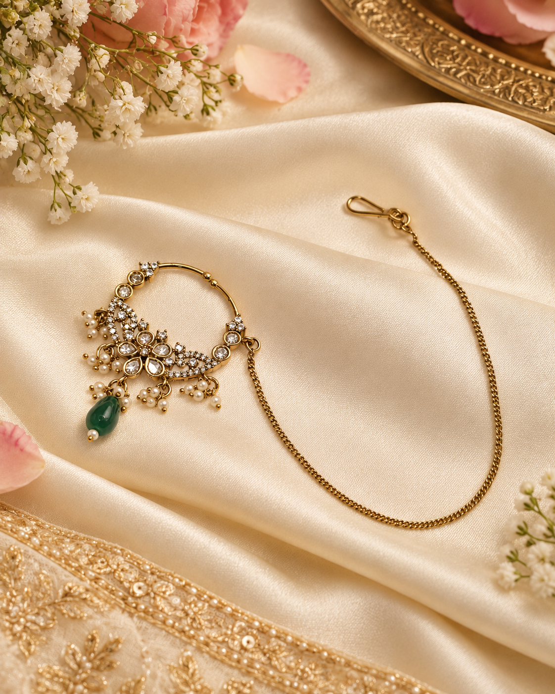 TRADITIONAL KUNDAN & DROP BEAD NOSE RING WITH HAIR CHAIN