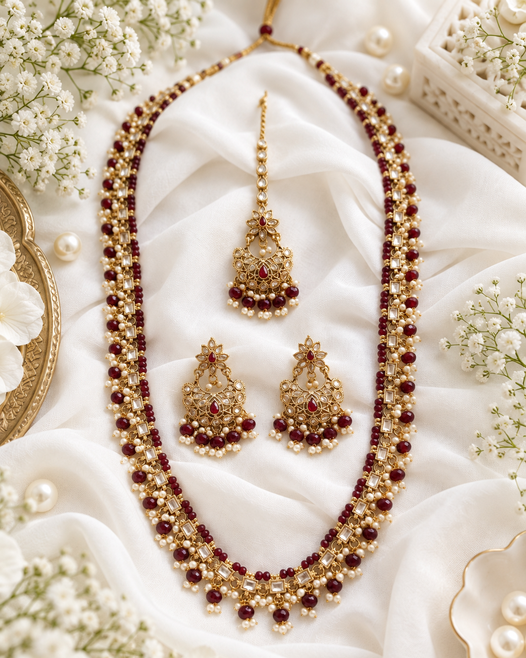 Champagne Stone & Pearl Beaded Long Necklace Set