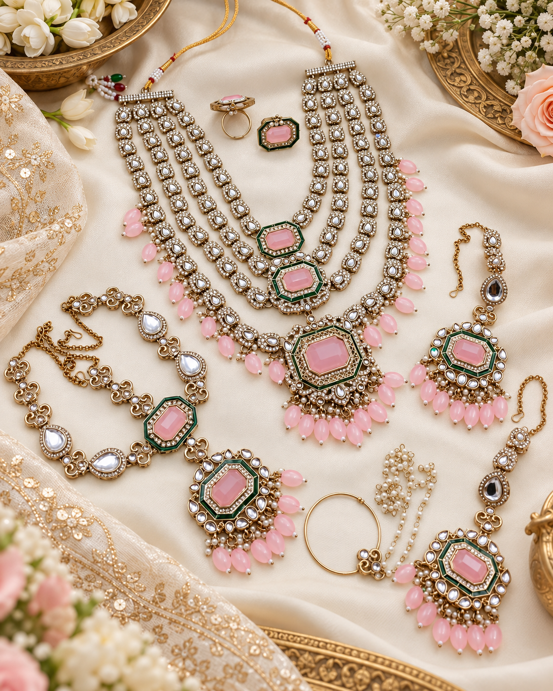 Kundan Layered Rani Haar Bridal Jewellery Set with Earrings, Matha Patti, Nath & Rings