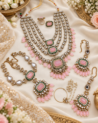 Kundan Layered Rani Haar Bridal Jewellery Set with Earrings, Matha Patti, Nath & Rings