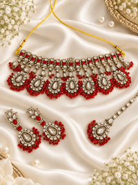 Antique Choker Necklace Set Pearl Drops Necklace Matching Earring & Maang Tikka For Women