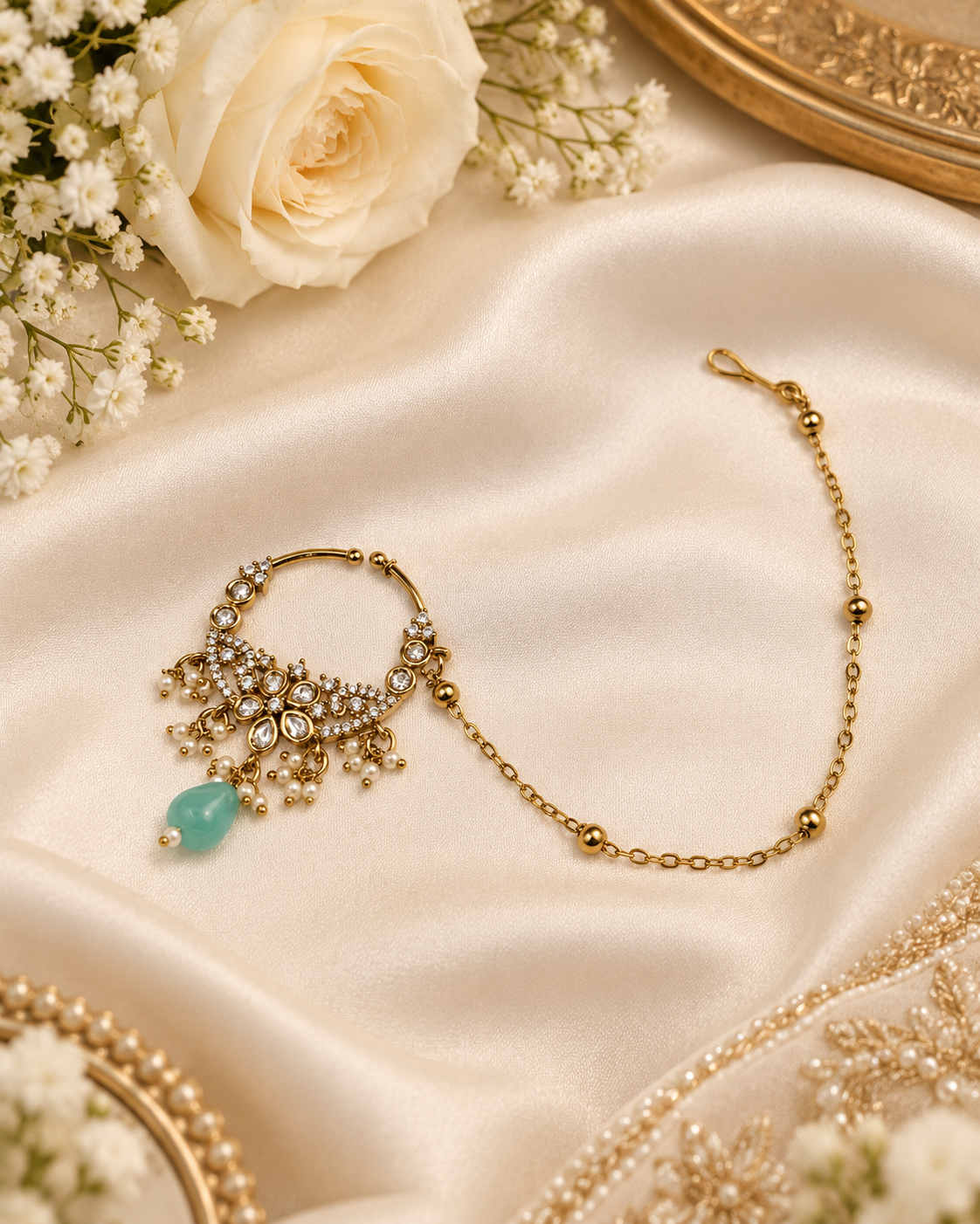 TRADITIONAL KUNDAN & DROP BEAD NOSE RING WITH HAIR CHAIN