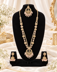 Rose Petal Pink Stone Long Necklace Set with Jhumkas