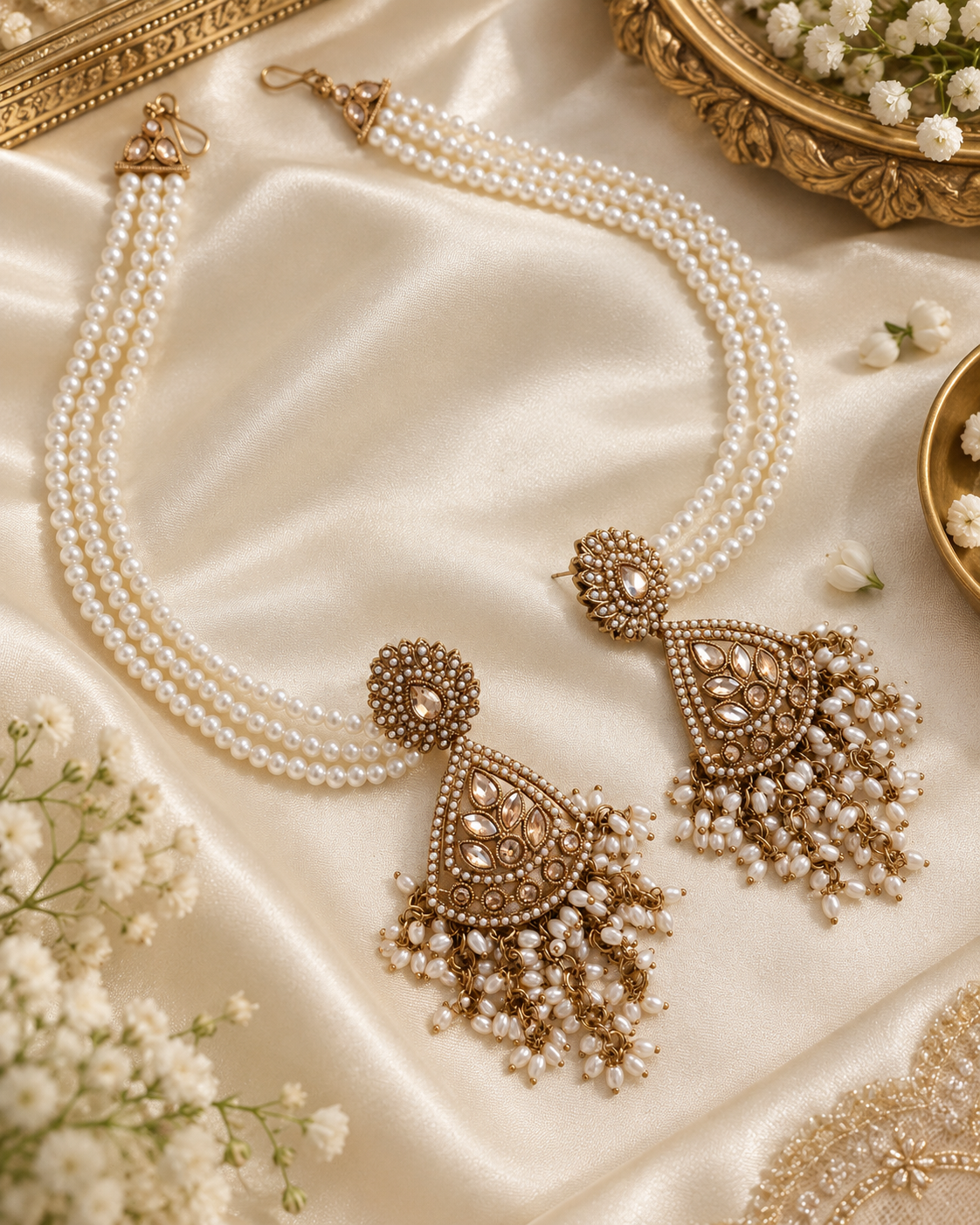 Elegant Pearl Drop whith Triple-Strand Hair Chains Gold Plated Earring For Woman