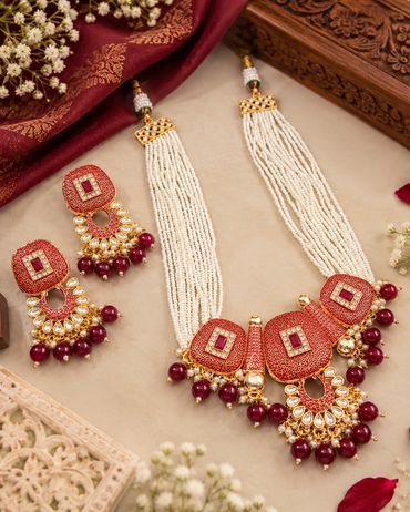 Meenakari Copper Pearl Mala Necklace Set with Matching Earrings