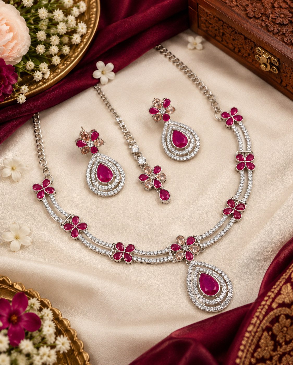 Crystal Teardrop Necklace Set with Matching Earrings & Maang Tikka