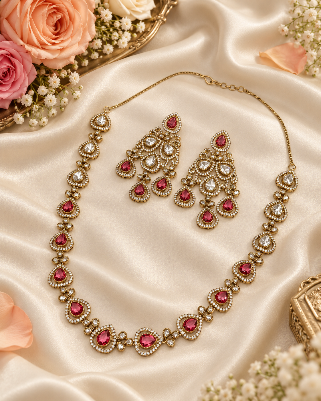 Delicate Heritage Kundan Necklace and Chandelier Earring Set