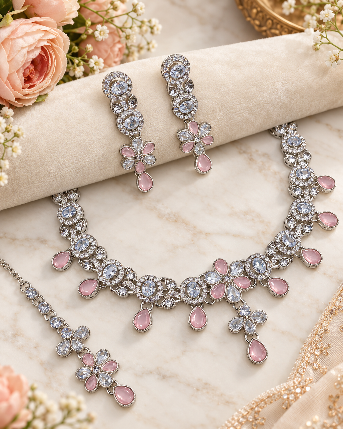 Floral Choker CZ Necklace Set with Maang Tikka & Earrings
