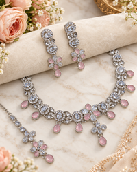 Floral Choker CZ Necklace Set with Maang Tikka & Earrings
