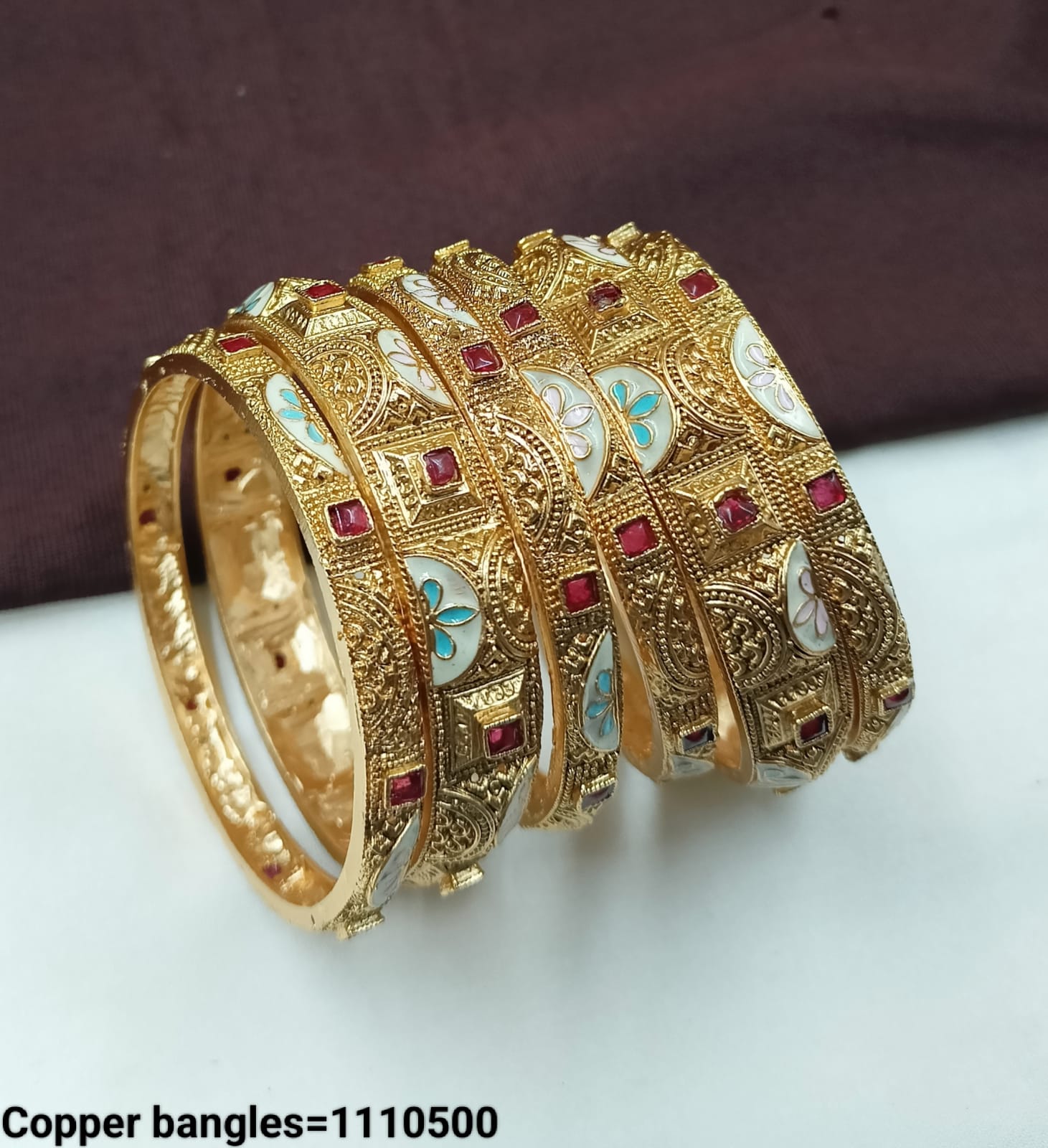 Handcrafted Ethnic Copper Bangle Set – Multicolor Floral & Gem Detailing