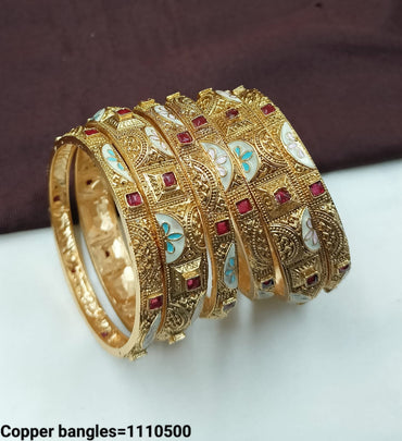 Handcrafted Ethnic Copper Bangle Set – Multicolor Floral & Gem Detailing