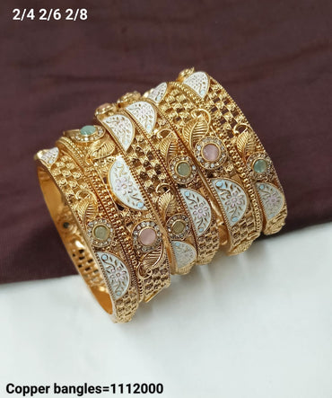 Elegant Gold-Tone Premium Copper Bangles Set with Intricate Floral Design
