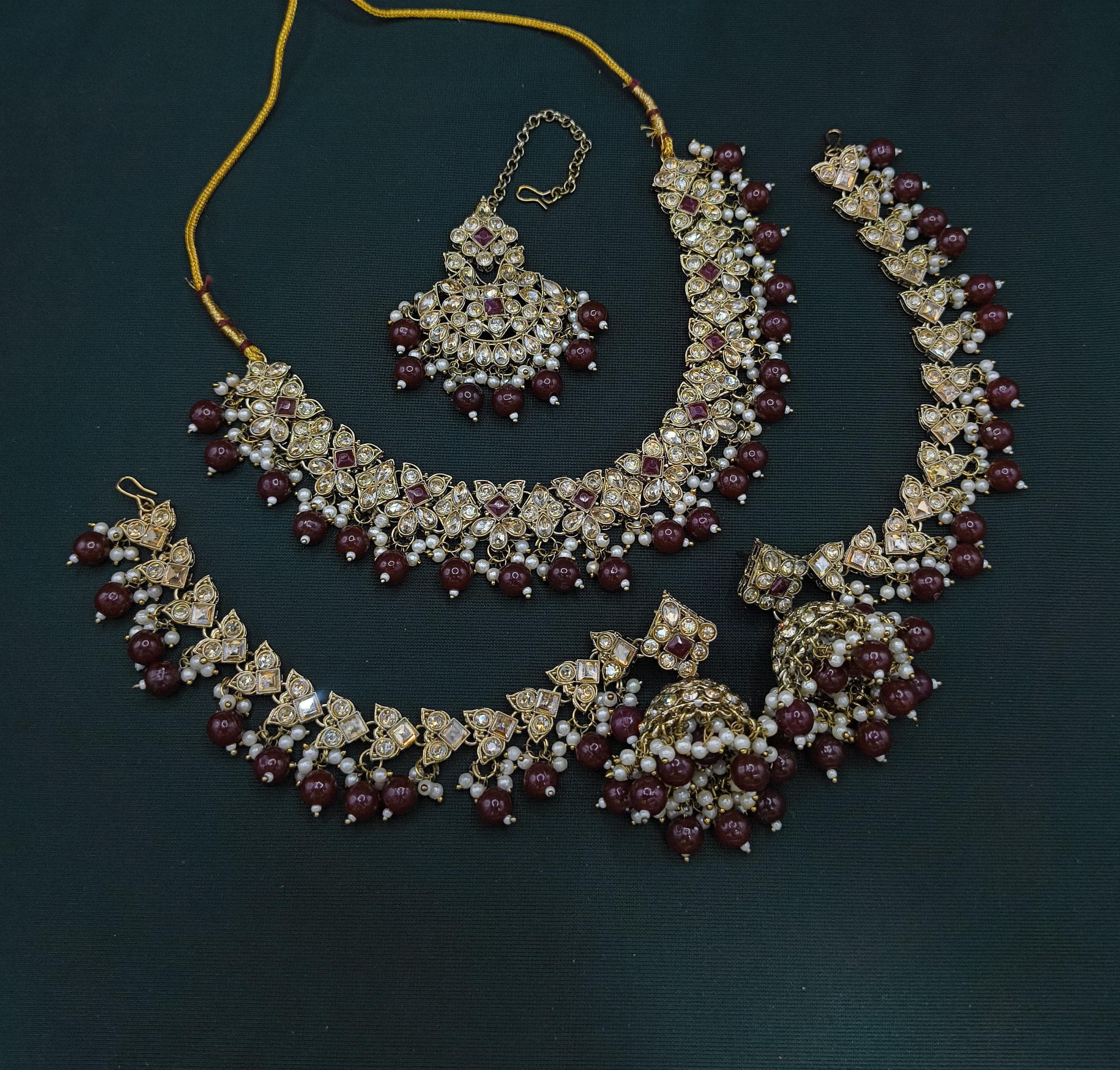 Royal Maroon & Gold Drop Choker Bridal Set.