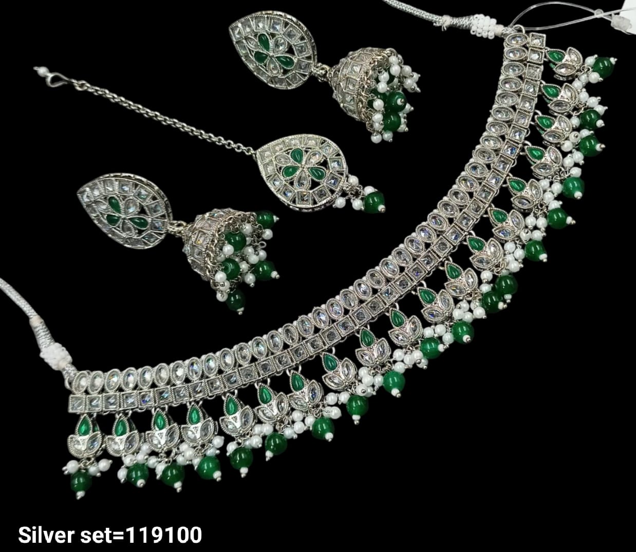Traditional CZ Necklace and Earring Set with Beaded Detailing