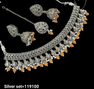 Traditional CZ Necklace and Earring Set with Beaded Detailing