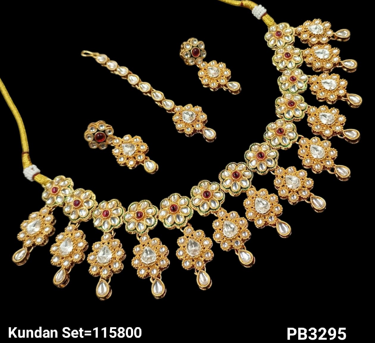 Floral CZ Necklace Set with Earrings and Maang Tikka – Bridal Jewelry Set