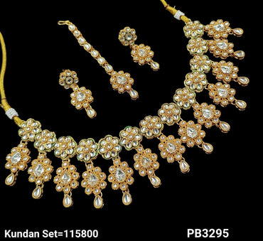Floral CZ Necklace Set with Earrings and Maang Tikka – Bridal Jewelry Set