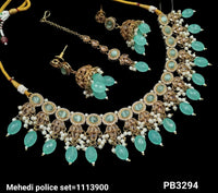 Traditional Antique Gold Necklace Set with Earrings and Maang Tikka – Pearl Drop Design
