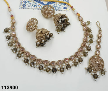 Antique Gold Necklace Set with Teal Green Beads & Jhumkas