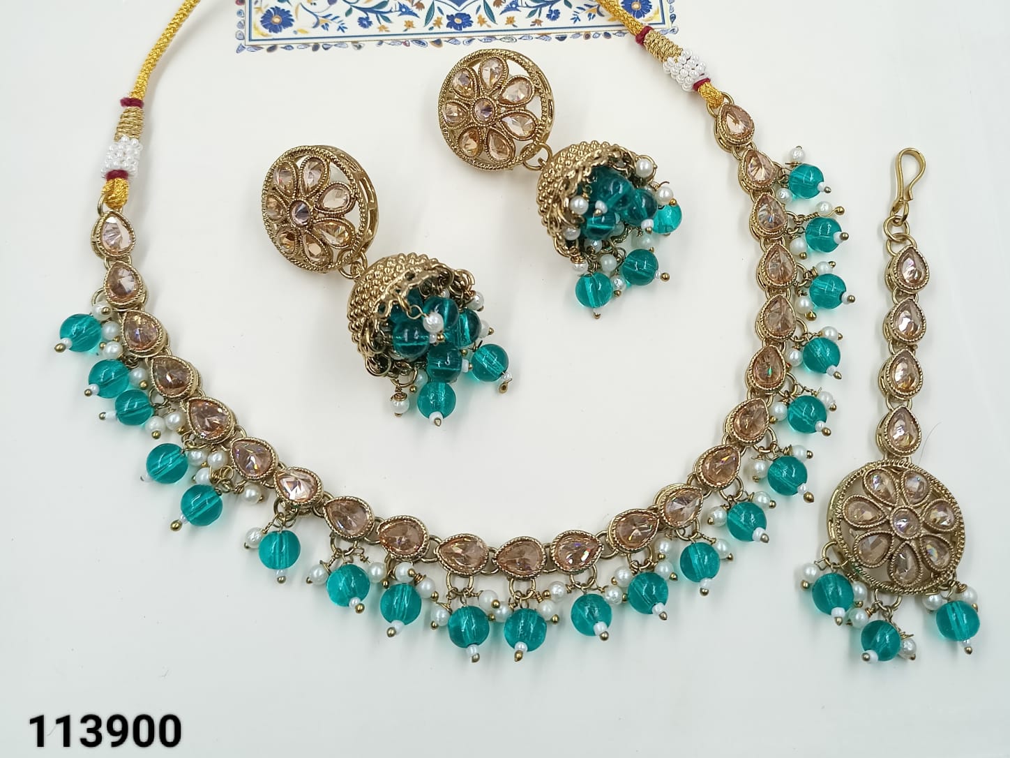 Antique Gold Necklace Set with Teal Green Beads & Jhumkas