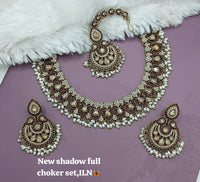 Bridal Shadow Finish Full Choker Necklace Set with Earrings and Maang Tikka
