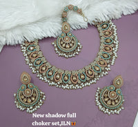 Bridal Shadow Finish Full Choker Necklace Set with Earrings and Maang Tikka