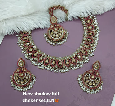 Bridal Shadow Finish Full Choker Necklace Set with Earrings and Maang Tikka