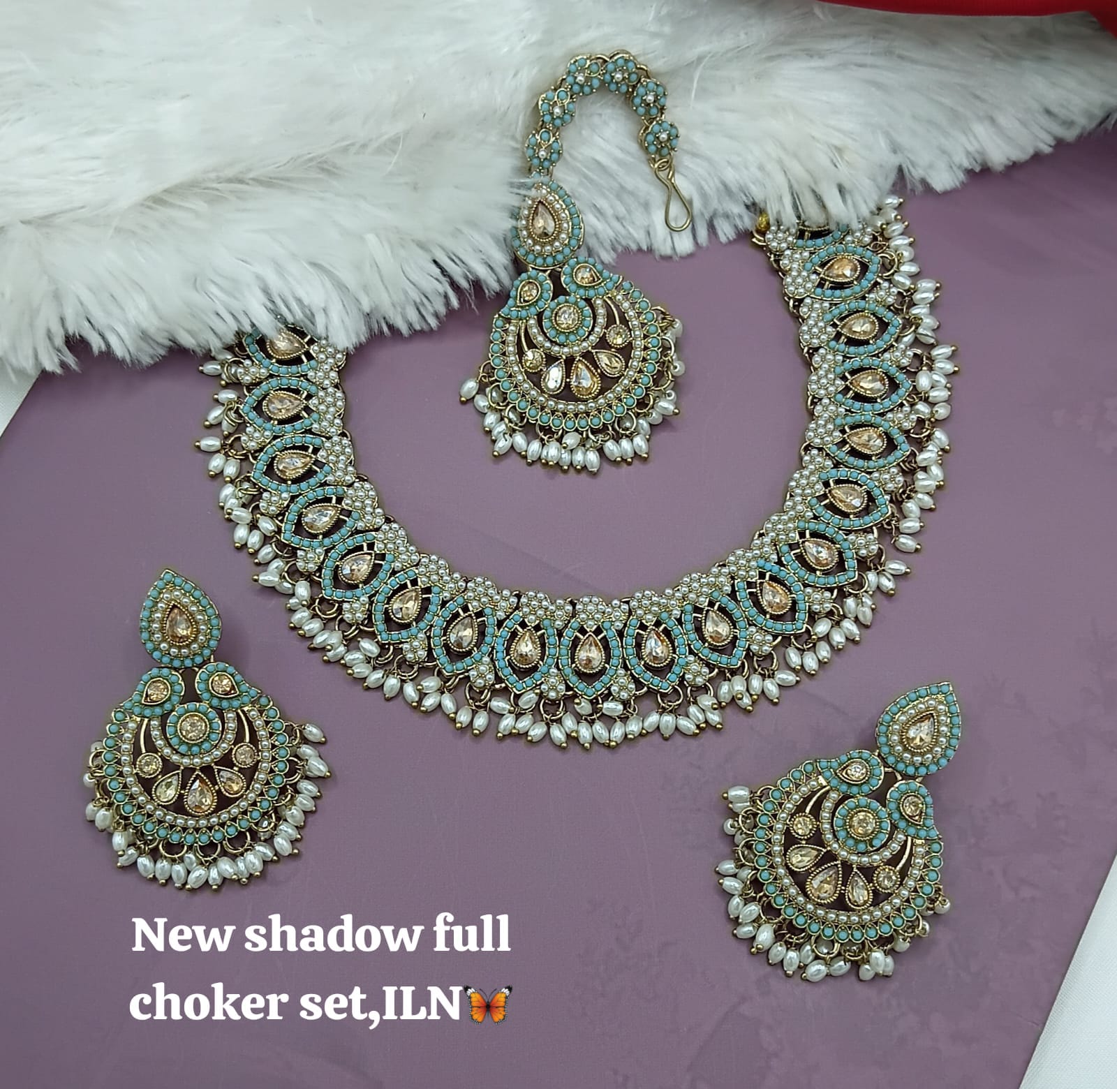 Bridal Shadow Finish Full Choker Necklace Set with Earrings and Maang Tikka