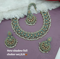 Bridal Shadow Finish Full Choker Necklace Set with Earrings and Maang Tikka