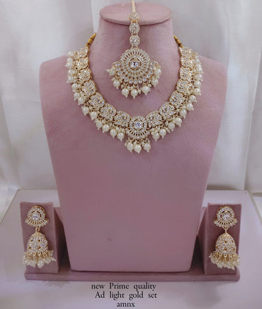 New Prime Quality CZ Gold Jewelry Set – Elegant Necklace with Earrings & Maang Tikka