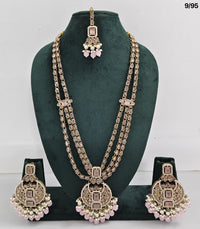 Traditional CZ Bridal Jewelry Set – Double-Layer Necklace with Earrings & Maang Tikka – Pink Beads & Pearl Detailing