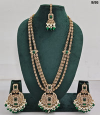 Traditional CZ Bridal Jewelry Set – Double-Layer Necklace with Earrings & Maang Tikka – Pink Beads & Pearl Detailing