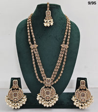 Traditional CZ Bridal Jewelry Set – Double-Layer Necklace with Earrings & Maang Tikka – Pink Beads & Pearl Detailing