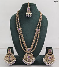 Traditional CZ Bridal Jewelry Set – Double-Layer Necklace with Earrings & Maang Tikka – Pink Beads & Pearl Detailing