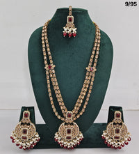 Traditional CZ Bridal Jewelry Set – Double-Layer Necklace with Earrings & Maang Tikka – Pink Beads & Pearl Detailing