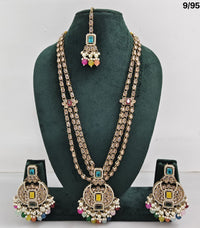 Traditional CZ Bridal Jewelry Set – Double-Layer Necklace with Earrings & Maang Tikka – Pink Beads & Pearl Detailing