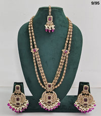 Traditional CZ Bridal Jewelry Set – Double-Layer Necklace with Earrings & Maang Tikka – Pink Beads & Pearl Detailing