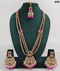 Traditional CZ Bridal Jewelry Set – Double-Layer Necklace with Earrings & Maang Tikka – Pink Beads & Pearl Detailing