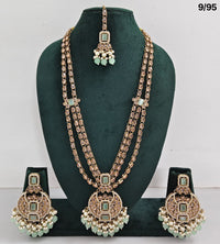 Traditional CZ Bridal Jewelry Set – Double-Layer Necklace with Earrings & Maang Tikka – Pink Beads & Pearl Detailing
