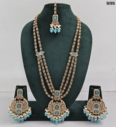 Traditional CZ Bridal Jewelry Set – Double-Layer Necklace with Earrings & Maang Tikka – Pink Beads & Pearl Detailing
