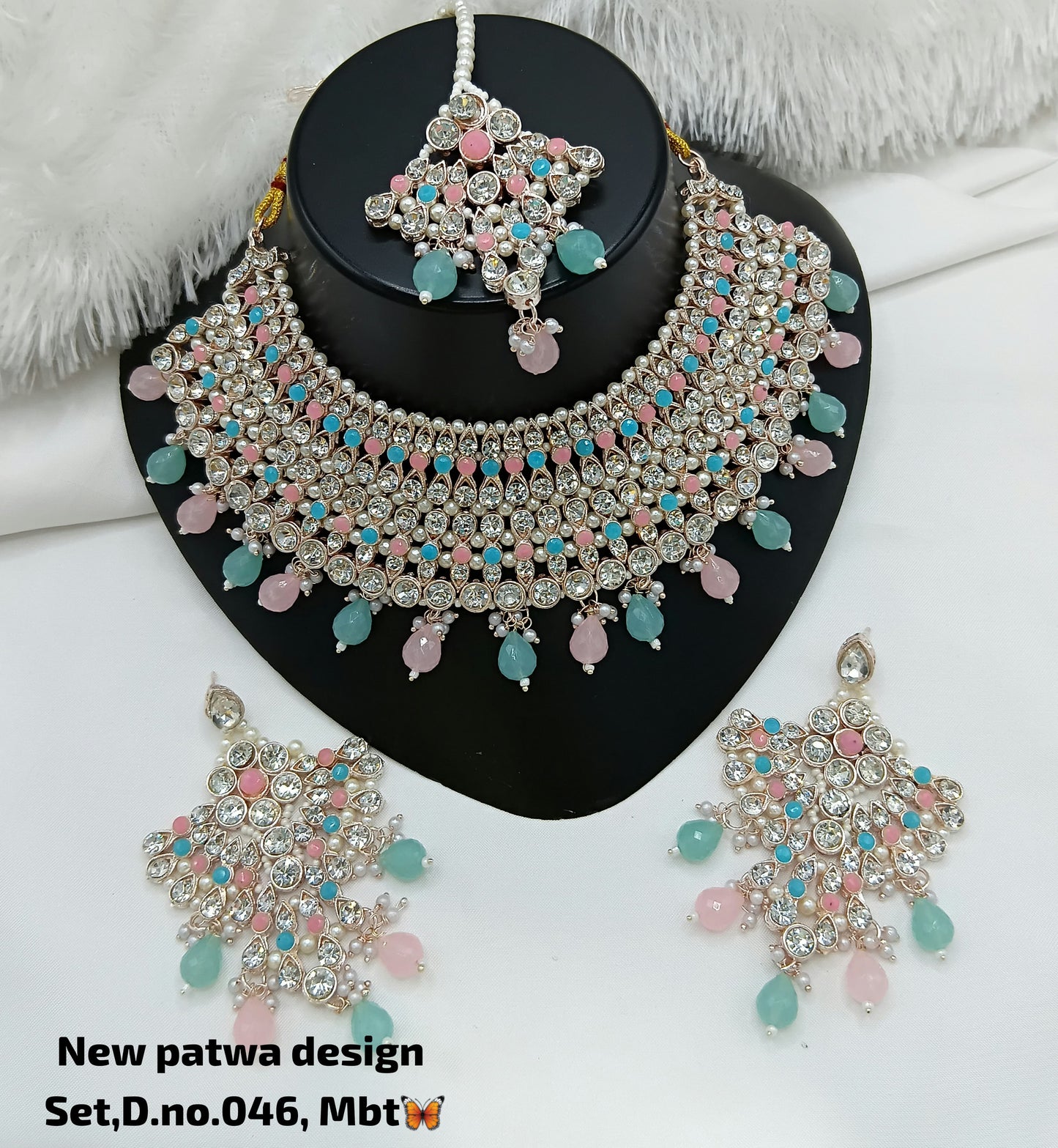 Mint Blue & Peach Pink Patwa Choker Jewellery Set