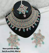 Mint Blue & Peach Pink Patwa Choker Jewellery Set