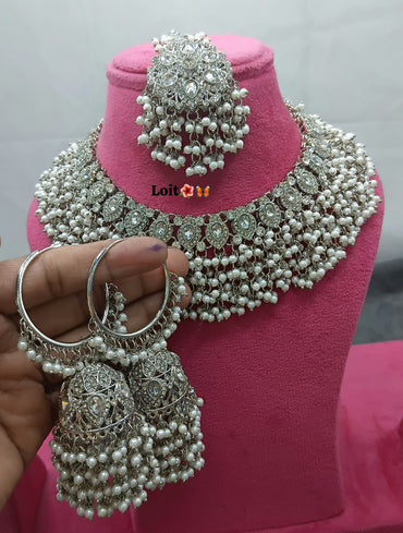 Elegant Pearl & Stone Traditional Necklace Set with Matching Earrings and Maang Tikka