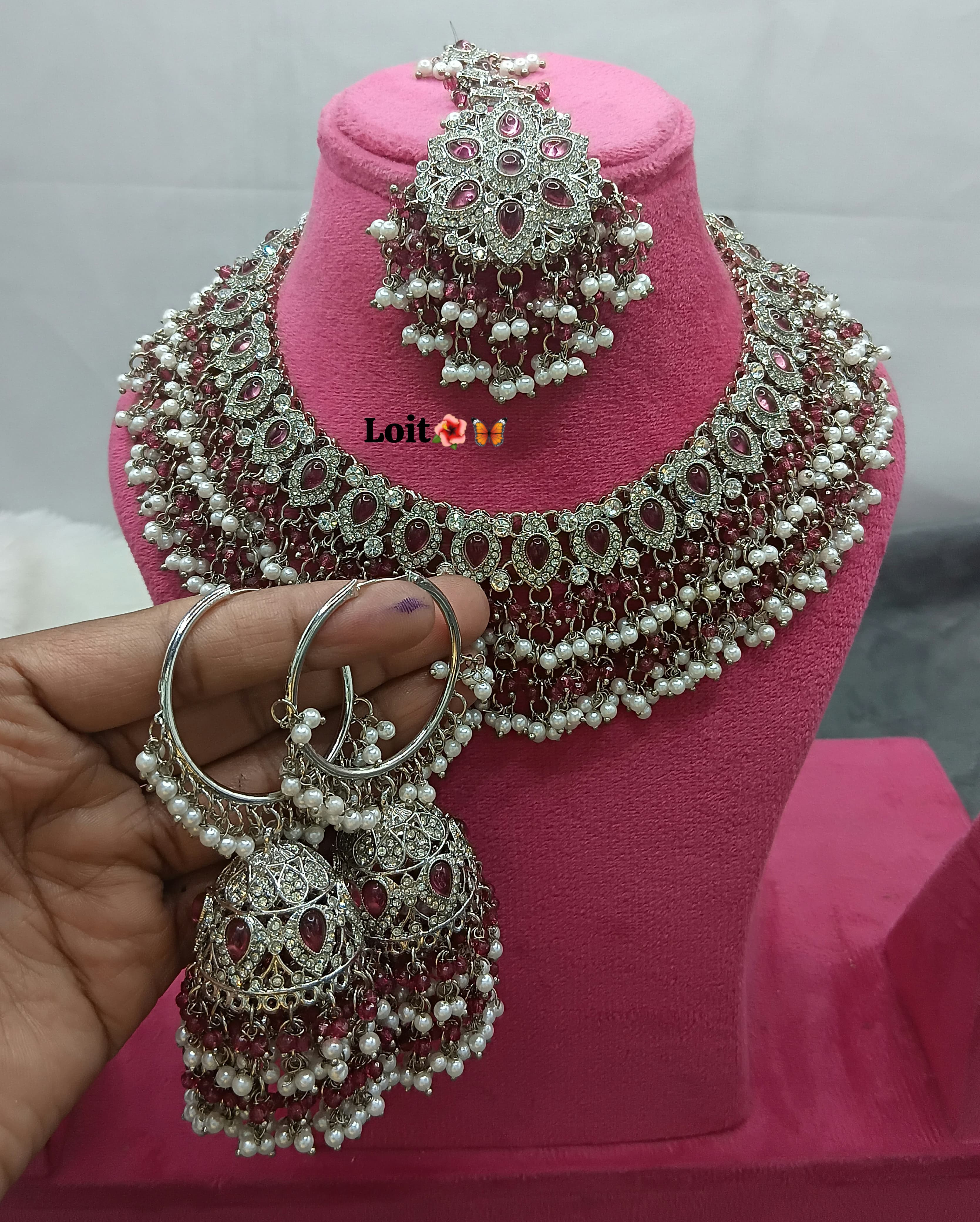 Elegant Pearl & Stone Traditional Necklace Set with Matching Earrings and Maang Tikka
