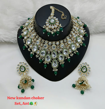 Designer CZ Choker Necklace Set with Green Beads – Bridal & Party Wear Jewelry