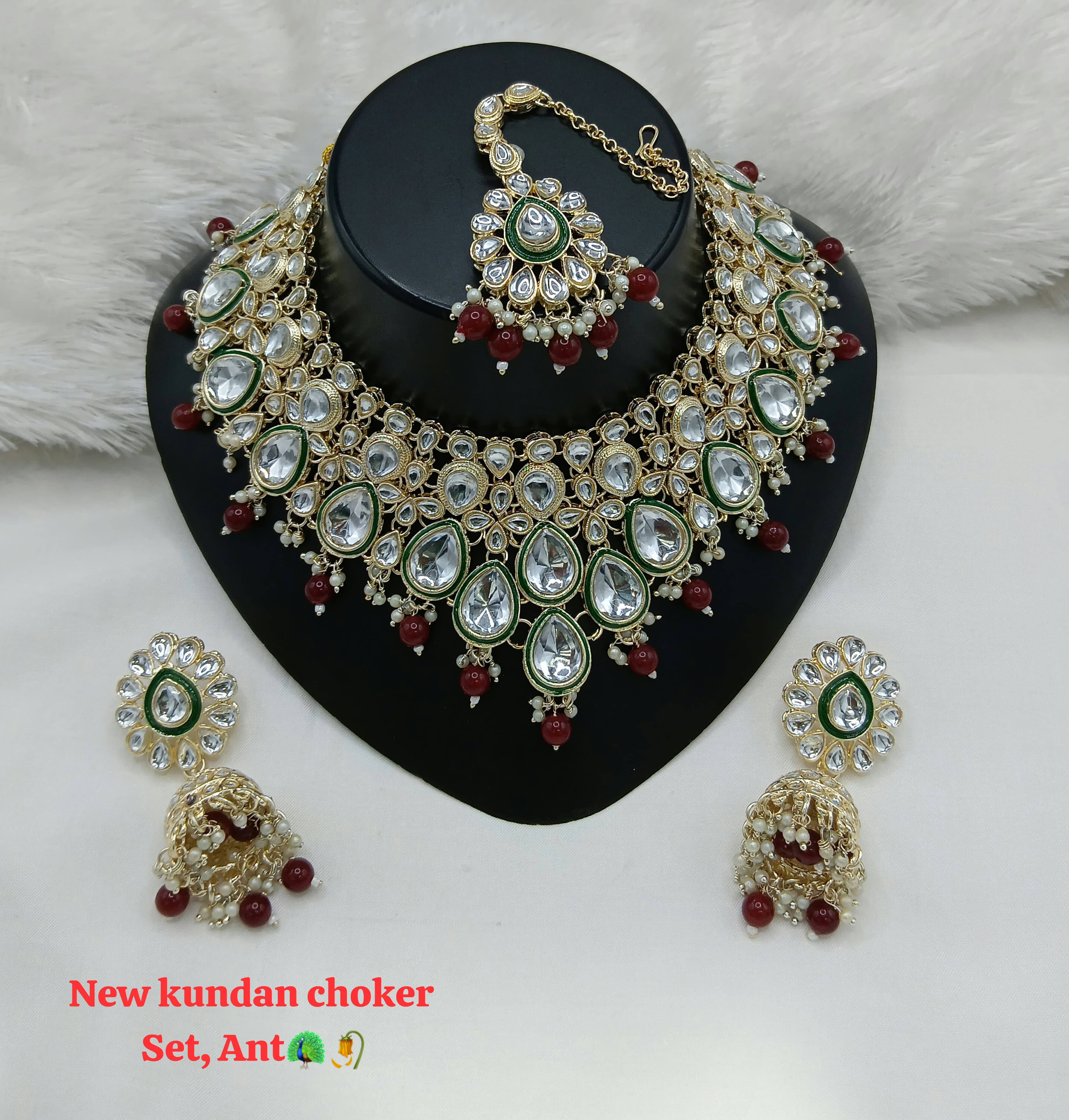Designer CZ Choker Necklace Set with Green Beads – Bridal & Party Wear Jewelry