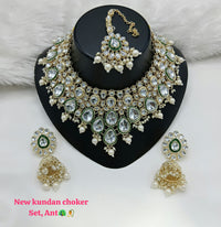 Designer CZ Choker Necklace Set with Green Beads – Bridal & Party Wear Jewelry