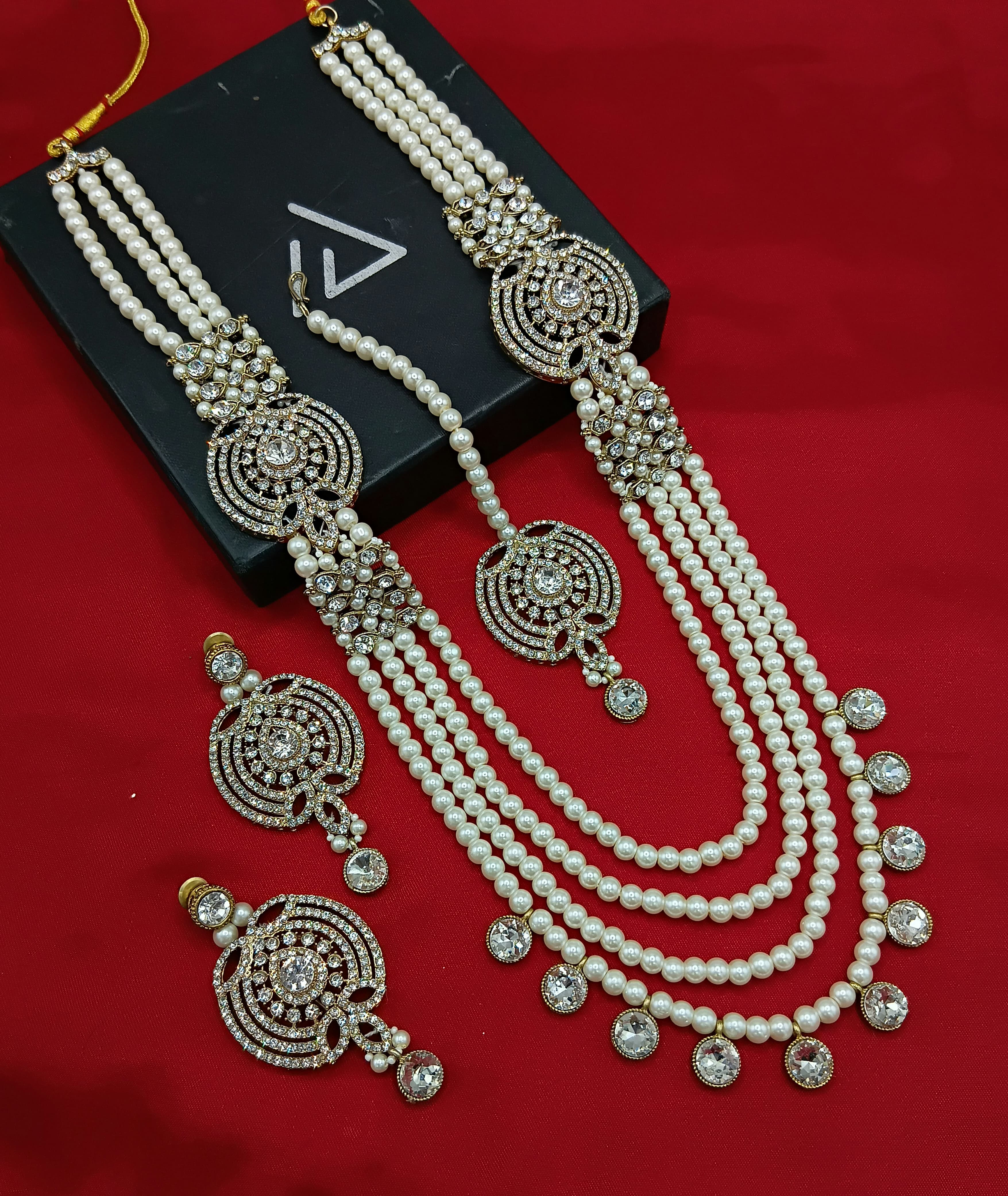 Pearl & White Stone Long Necklace Set